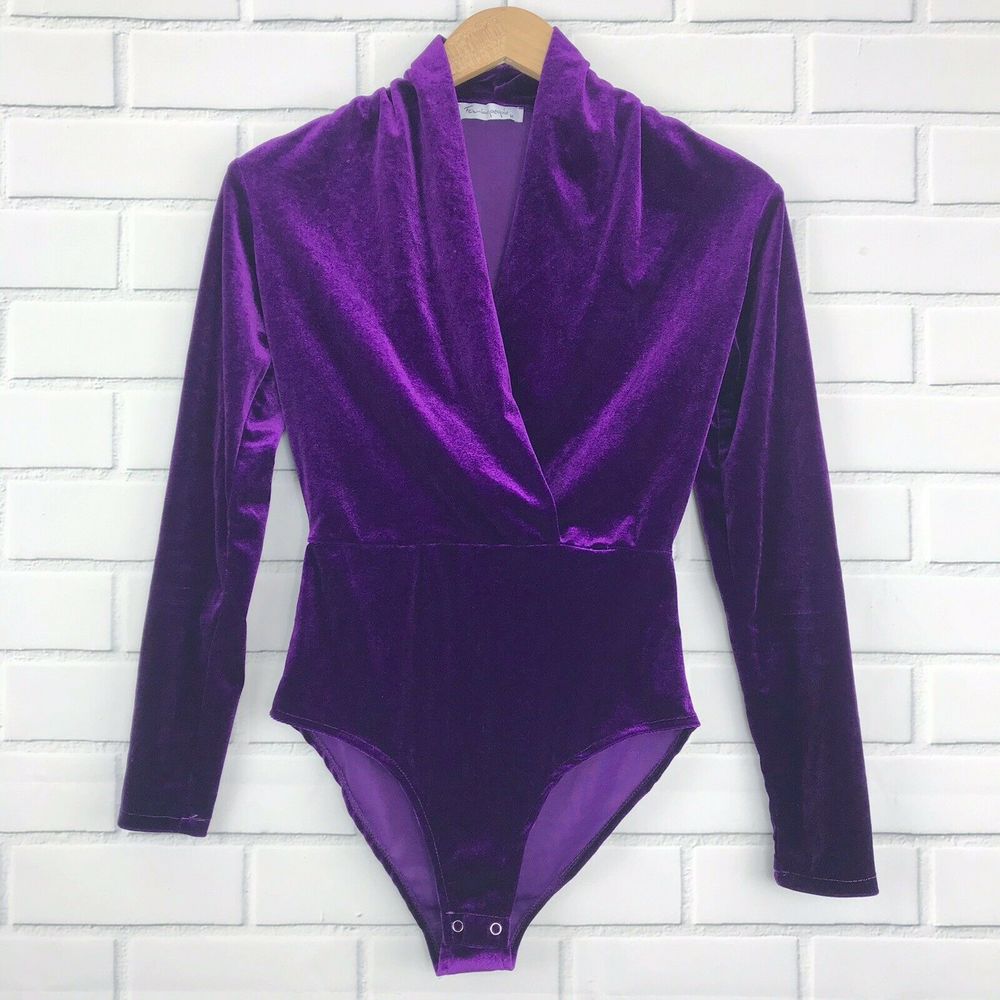 SHEIN Surplice V-neck Velvet Bodysuit Purple